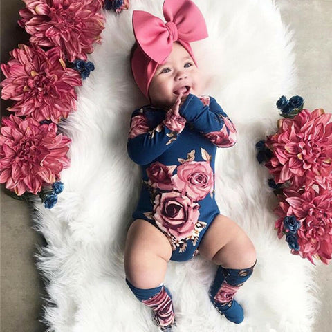 0-24M Newborn Baby Girl 2019 New Autumn Long Sleeve Romper Large Floral Jumpsuit Warm Leg Socks Outfit