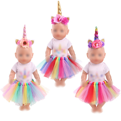 43 cm baby dolls clothes newborn Unicorn suit with shoes rainbow lace skirt dress Baby toys fit American 18 inch Girls doll f746