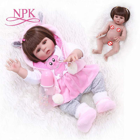 NPK 48CM baby doll reborn toddler girl doll in pink rabbit dress full body soft silicone realistic baby Anatomically Correct