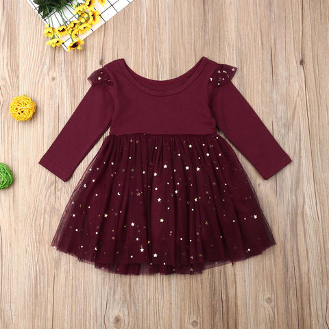 Kids Baby Flower Girls Long Sleeve Stitching Party Sequins Dress Wedding Bridesmaid Dresses