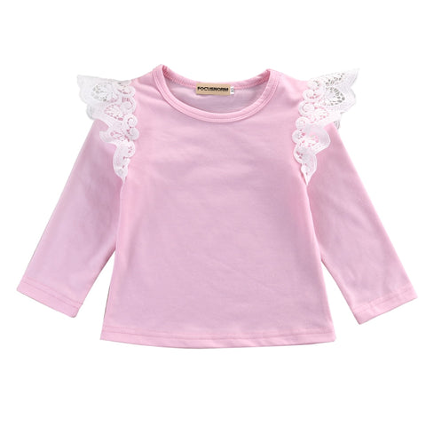 Lace Flying Sleeves Newborn Kids Girls Cotton Long Sleeves T-Shirts Blouse Infant Toddler Baby Clothes Tops