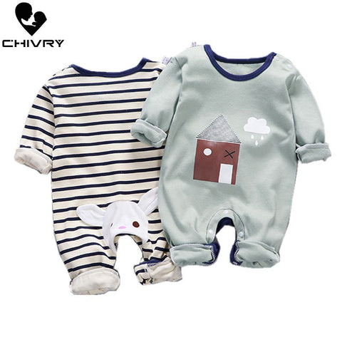 Newborn Baby Boys Girls Rompers Spring Summer Long Sleeve Cute Striped Cartoon Print Jumpsuit Toddler Playsuit Infant Clothing