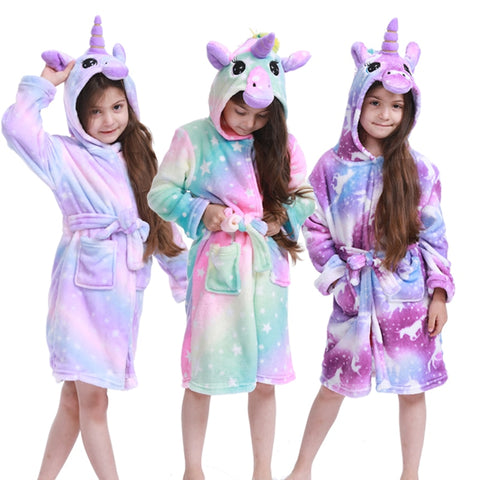 Children Bathrobe for Girls Kigurumi Unicorn Pyjamas Kids Colar Fleece Boys Bathrobes Nightgown Baby Sleepwear Hoodie Bath Robe
