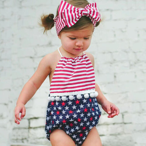 Newborn Children Clothes Baby Girl Summer Ropmers Backless National Flag Printed Headband Infant Clothing Jumpsuit