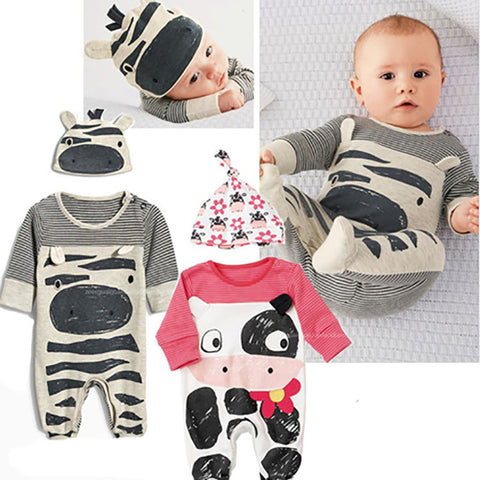 Spring New Fashion Newborn Baby Ropmer Cartoon Long Sleeve Zebra Cow Print Baby Boy Girl Clothes Cotton Sleepwear Baby Rompers