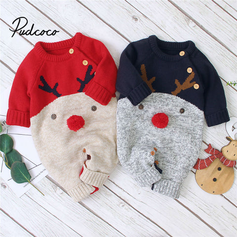Baby Boys Christmas Rompers Reindeer Knitted Infantil Jumpsuits Toddler Girls New Year's Costume Children Warm Wool Clothes 0-2Y