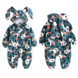 Newborn Baby Cotton Romper Cute Cartoon Animal Rabbit Printed Ears Hooded Long Sleeve Outing Clothes Unisex One-piece Clothes
