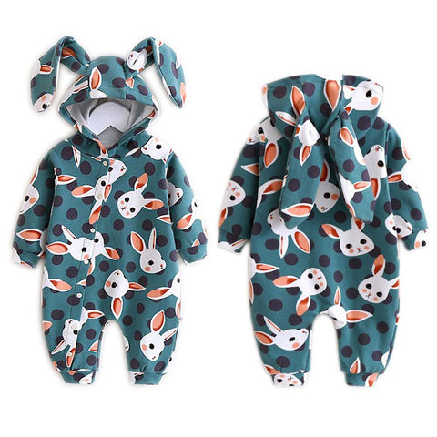Newborn Baby Cotton Romper Cute Cartoon Animal Rabbit Printed Ears Hooded Long Sleeve Outing Clothes Unisex One-piece Clothes