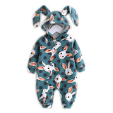 Newborn Baby Cotton Romper Cute Cartoon Animal Rabbit Printed Ears Hooded Long Sleeve Outing Clothes Unisex One-piece Clothes