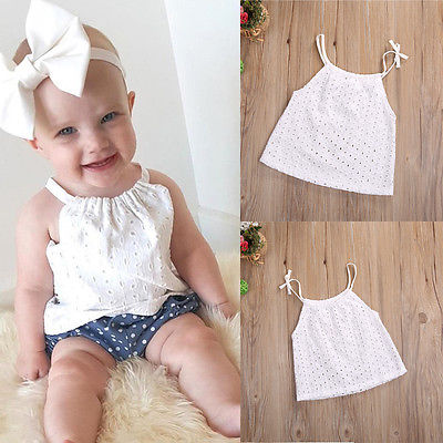 Toddler Baby Girl t-shirt white color Openwork Crochet Lace shirt  Newborn Kids braces Tank Top Tee