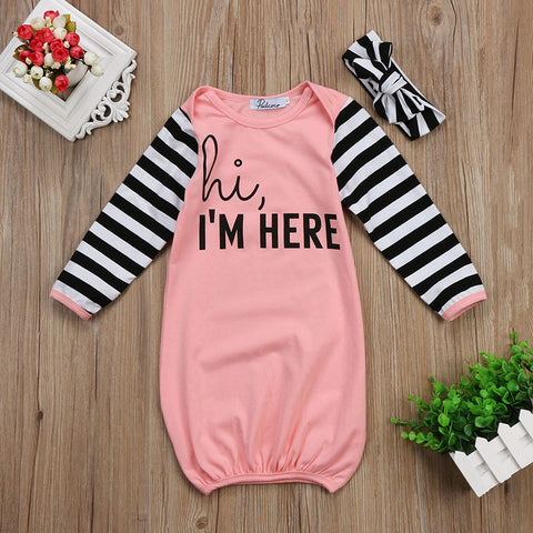 0-18M Newborn Infant Baby Boy Girl Long Sleeve Letter Print Cotton Sleeping Bag Sleepsack Headband 2PCS Sleepwear Clothes
