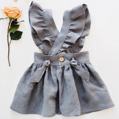 US Kid Baby Girl Cross Strap Dress Party Dress Fuffel Sleeve Solid Dress Clothes