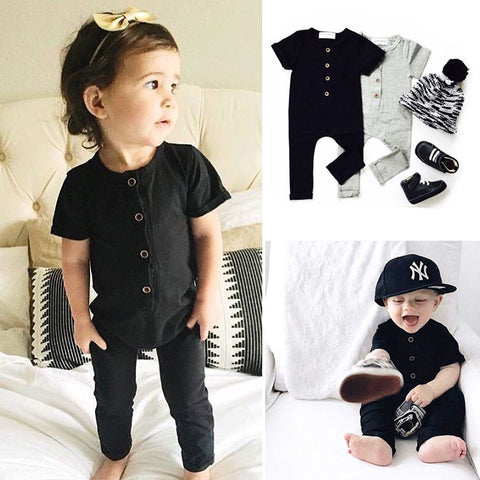 Pudcoco Cotton Newborn Baby Boy Girl Romper Short Sleeve Solid Color Button One Piece Jumpsuit Clothes 0-24M
