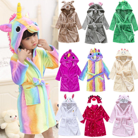 Toddler Baby Flannel Hooded Bath Robe Cartoon Bathing Towel Sleepwear Pajamas