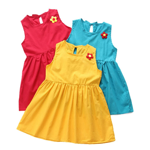 Pure Cotton Flower Solid Girls Dress Classic round neckline Children Summer Fashion Dress Princess Dress