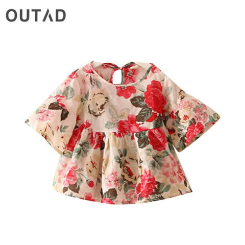 2018 Summer Baby Kids Girls hirt Short Sleeve Trumpet Sleeve T-shirt Floral Printing Fashion Vintage Top Shirt  Children Clothes