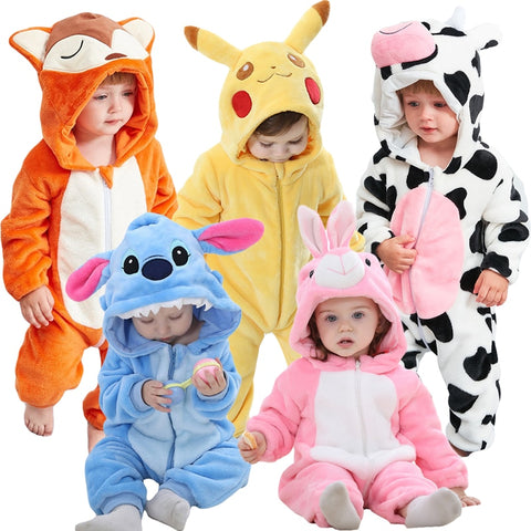 Baby Cartoon Romper Newborn Hooded Inflant Clothing Boy Girl Pajamas Animal Onesie Jumpsuit Pikachu Costume Flannel Baby Rompers